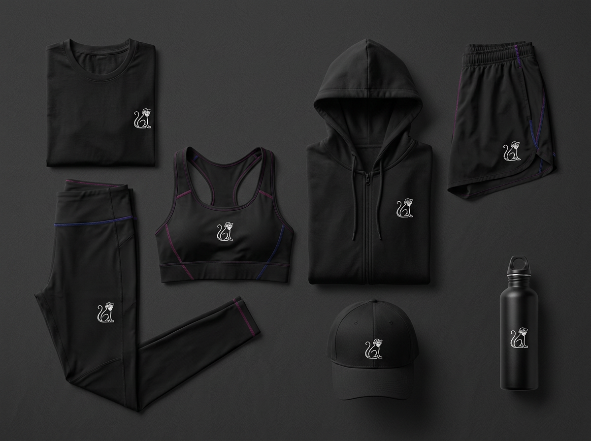 M*key Wear sports- og fitnessklær med hvit apekatte-logo på svarte plagg